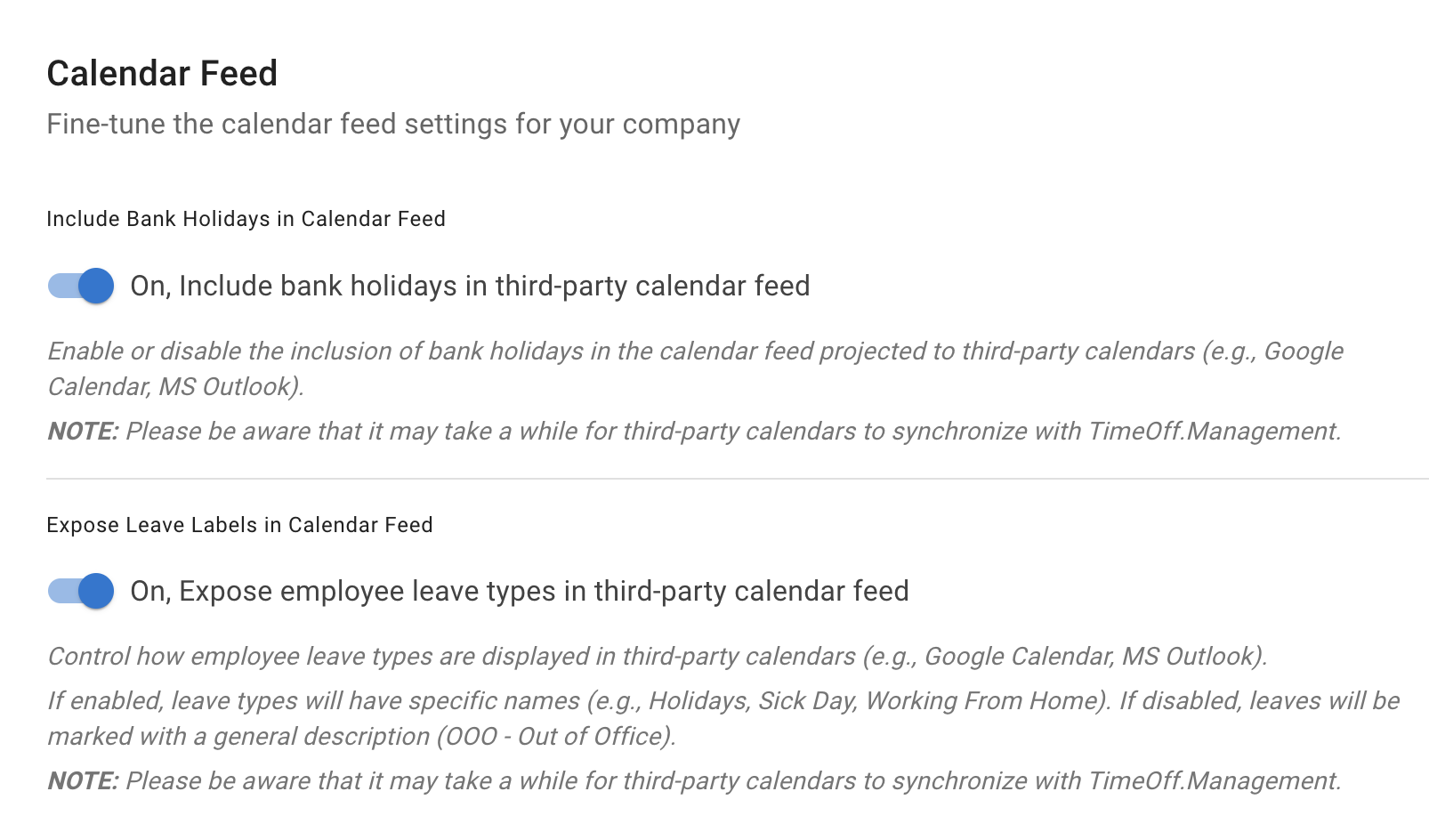 Calendar feed company settings