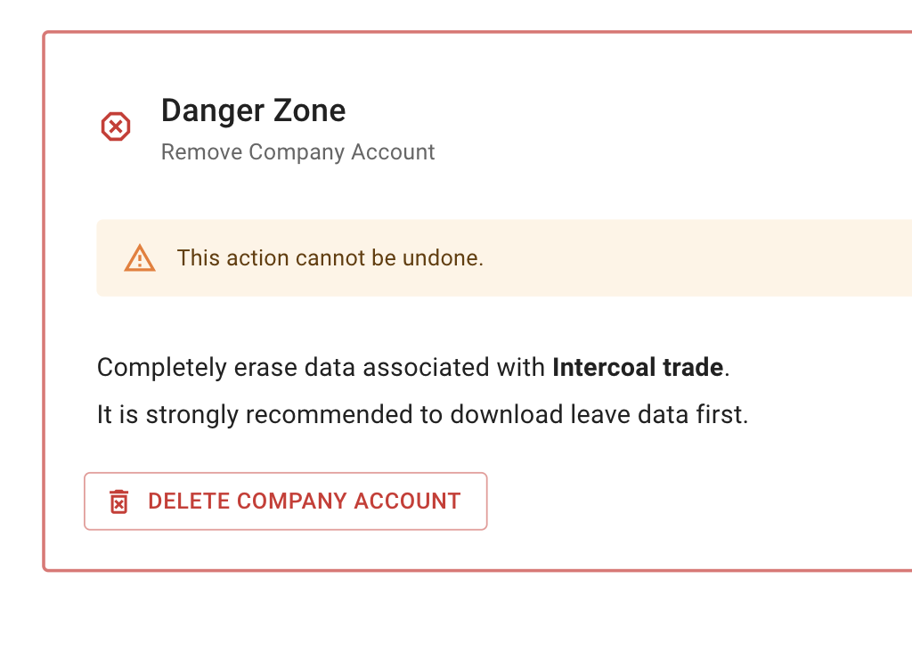 Delete company account in General Settings
