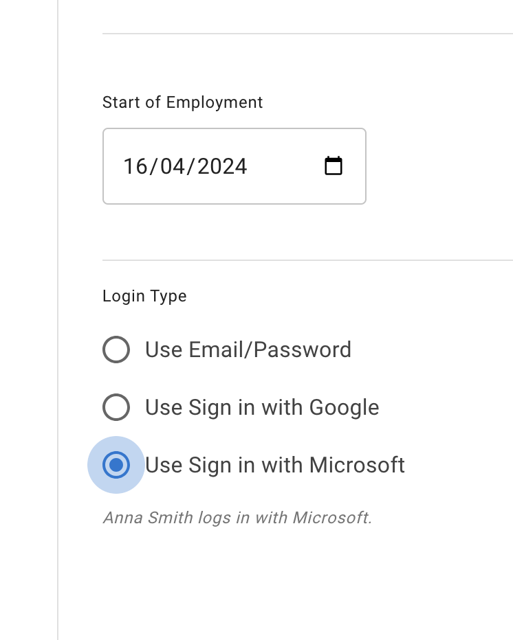 Login type option in Employee details
