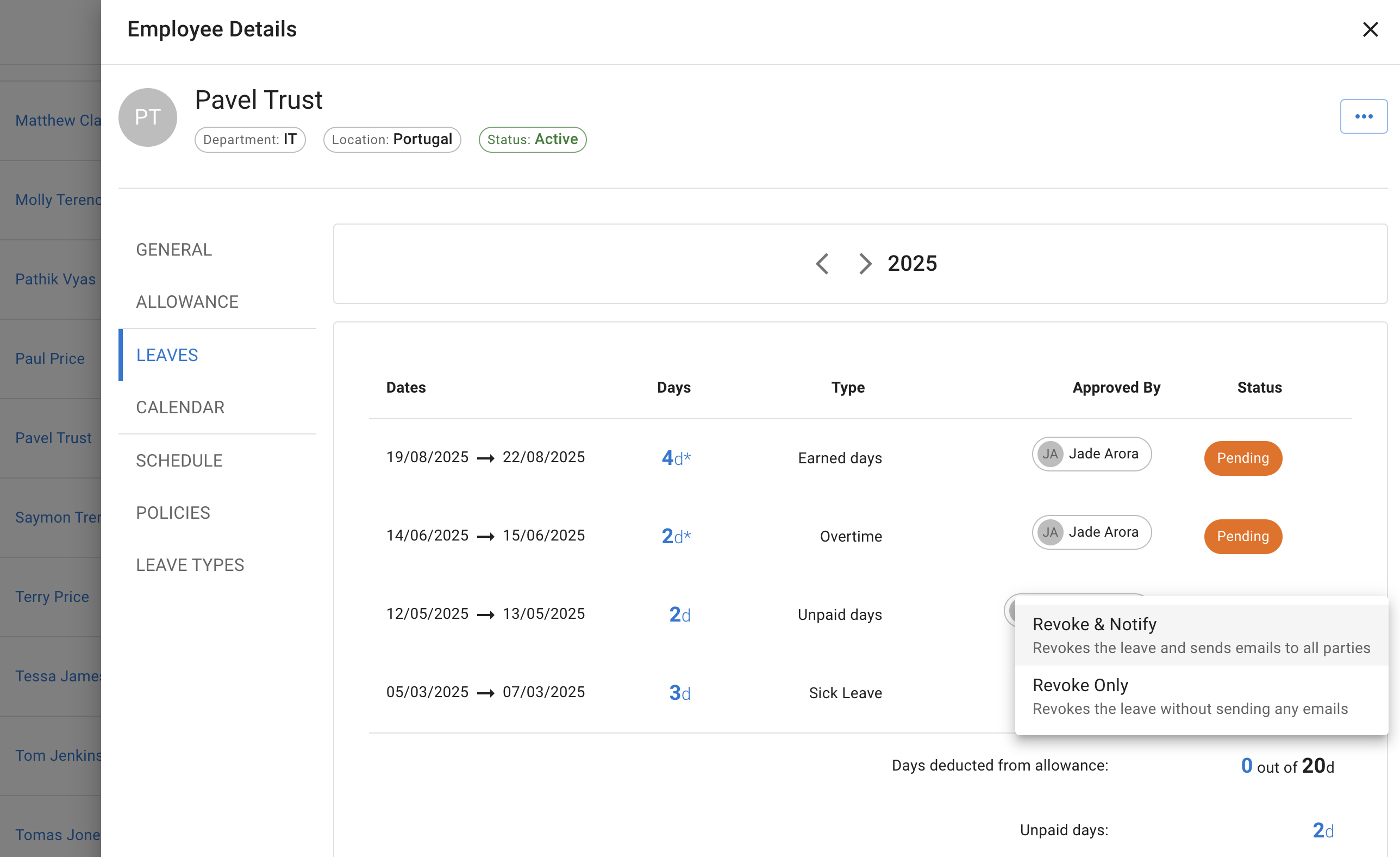 Screenshot of calendar with book absence