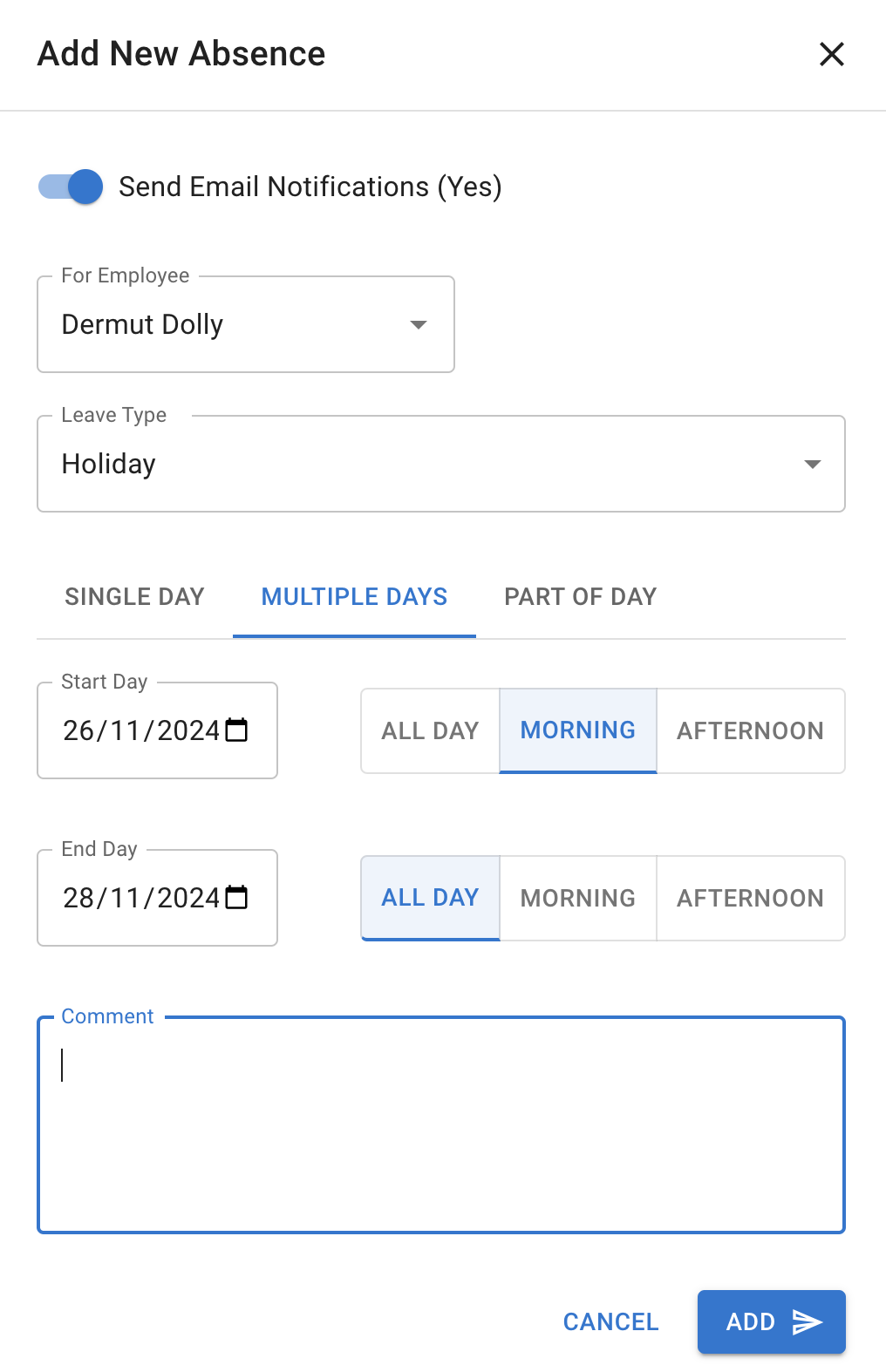 Screenshot of calendar with book absence