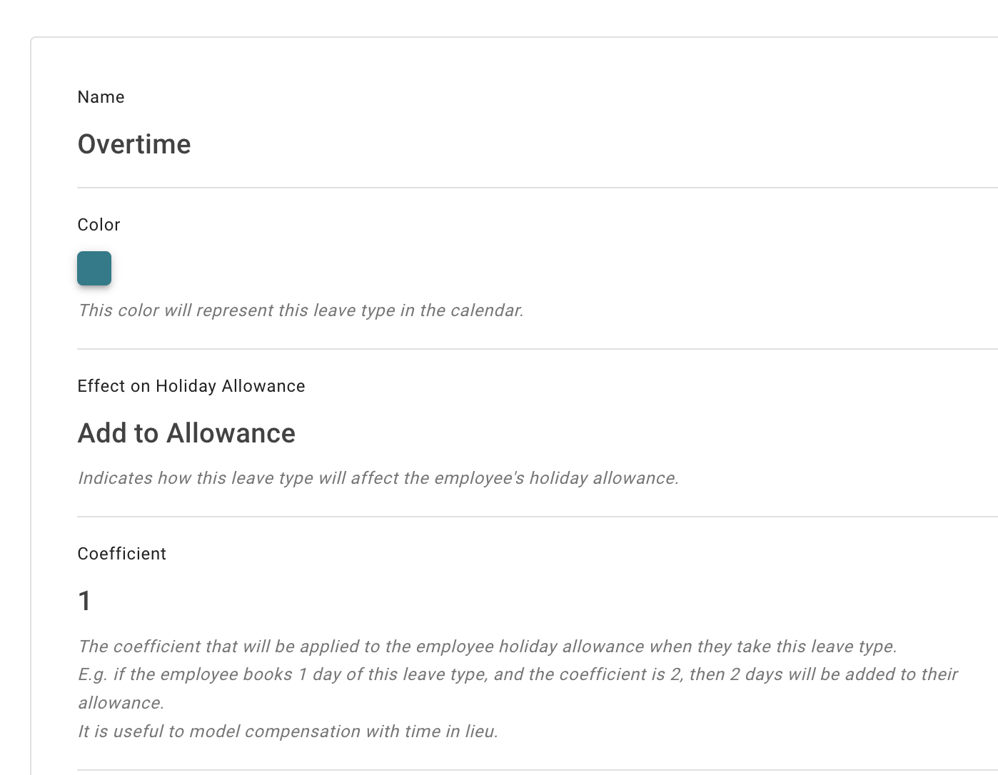 Overtime leave type coefficient 1