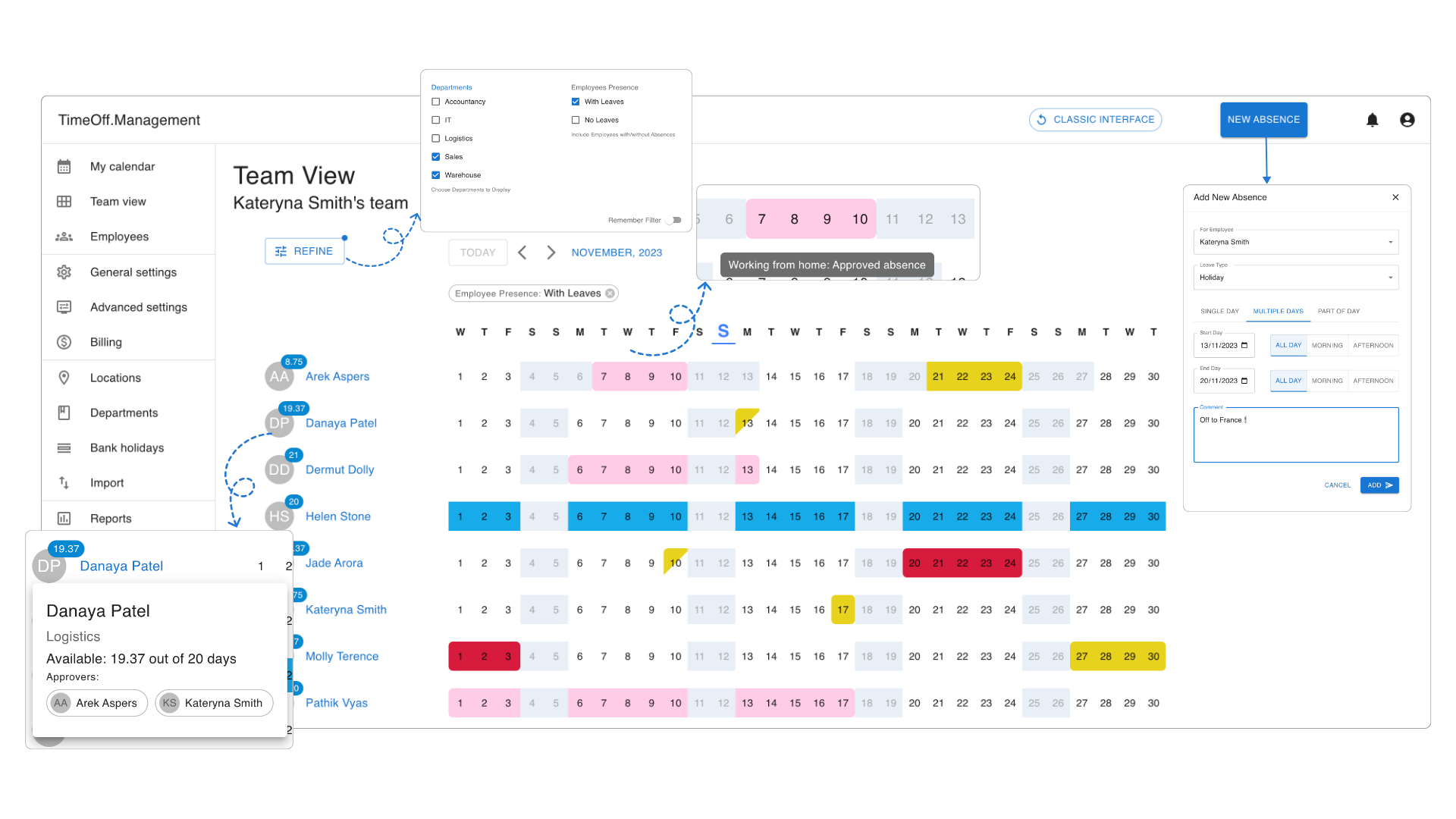 Team View with pop-ups