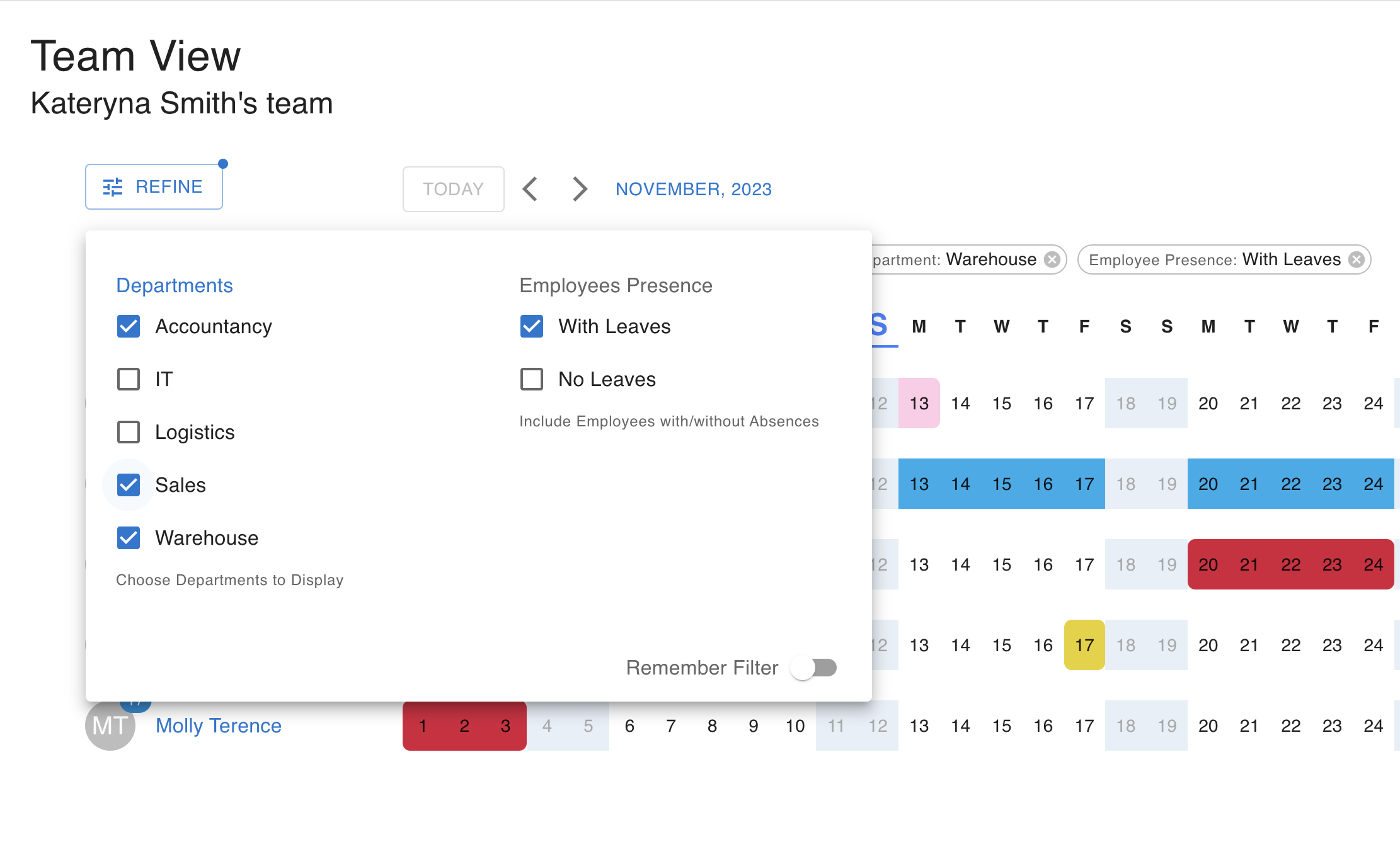 Quick filter for a chosen day