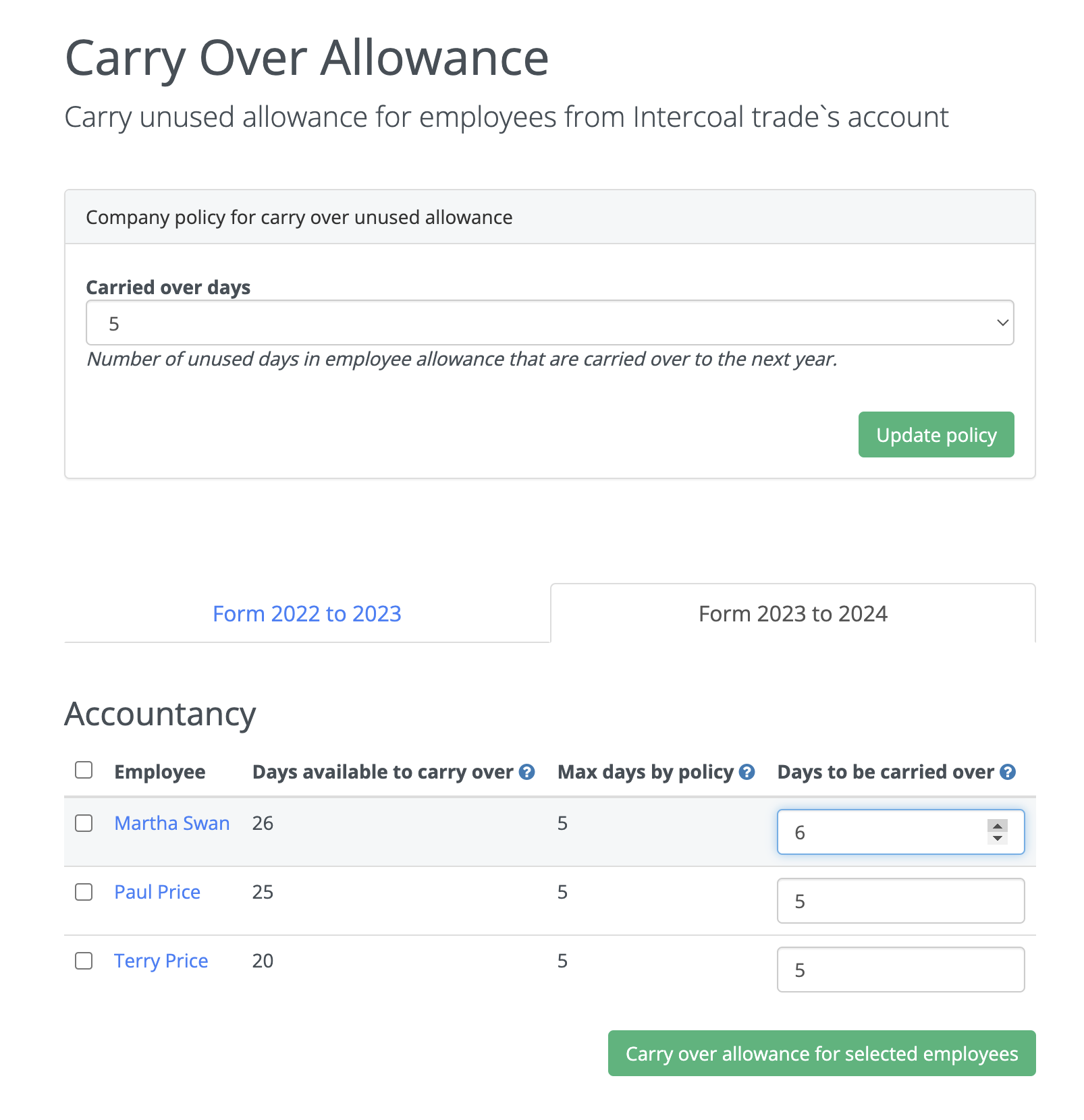 Carry over page with employees and days available