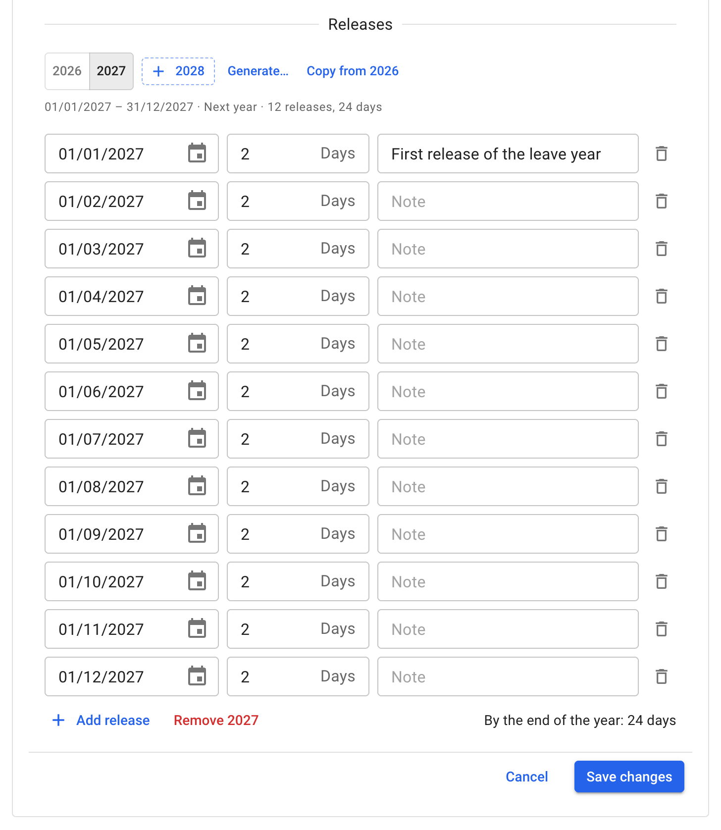 A schedule's releases in the form, for its next leave year: the year buttons and the +, Generate… and Copy from the year before, a row per release with its date, amount and note, the first with a note, Add release, the red button that removes the year, the year's total, and Cancel and Save changes at the bottom