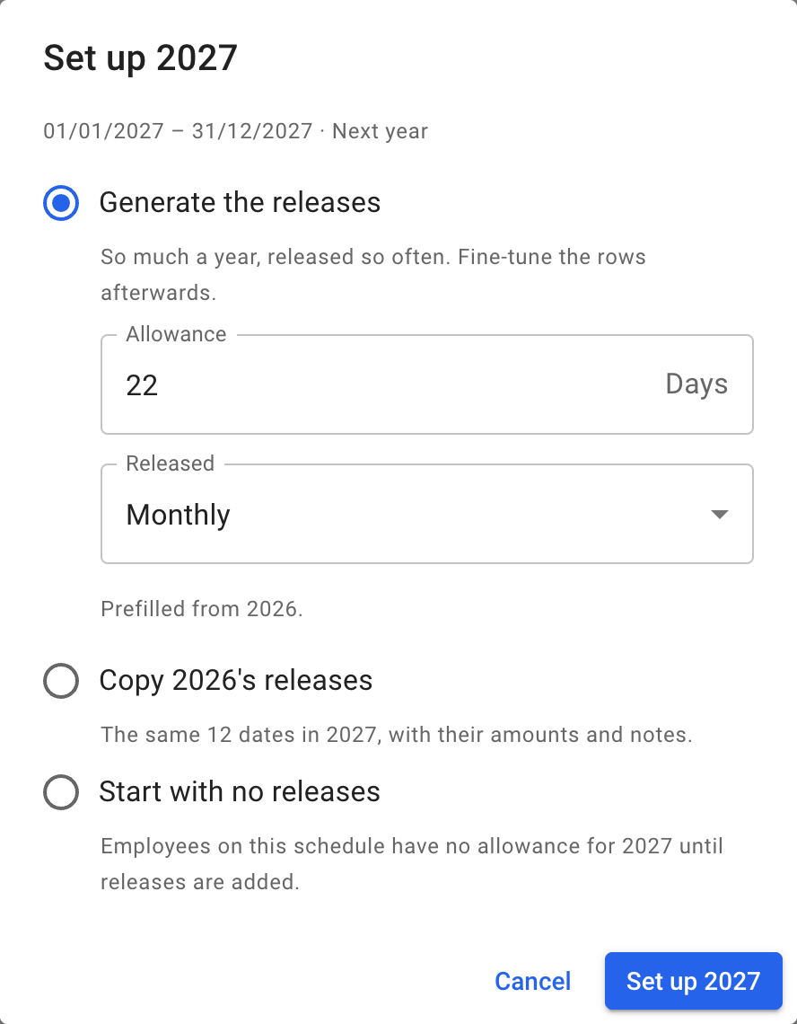 The Set up dialog for a schedule's next leave year: Generate the releases chosen, its Allowance and Released prefilled from the year before, then the choices to copy that year's releases or to start with none, and Cancel and Set up