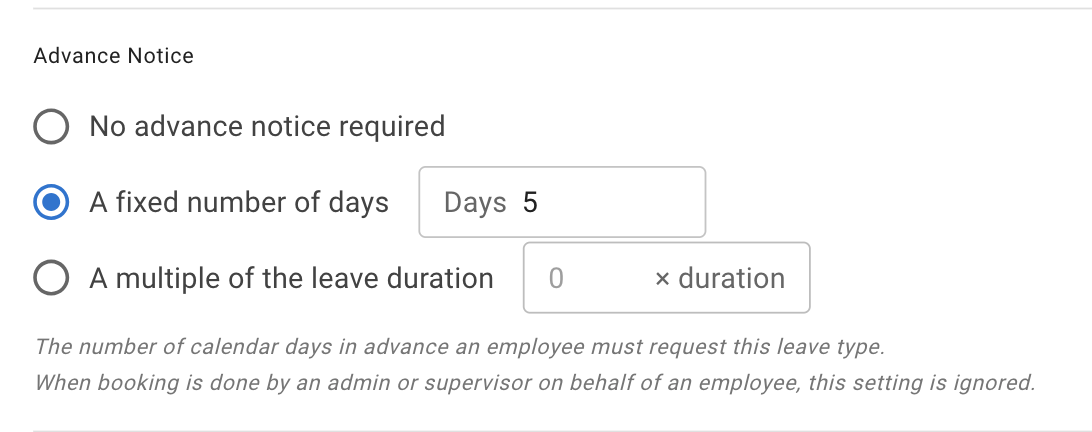 Advance Notice options in the leave type form