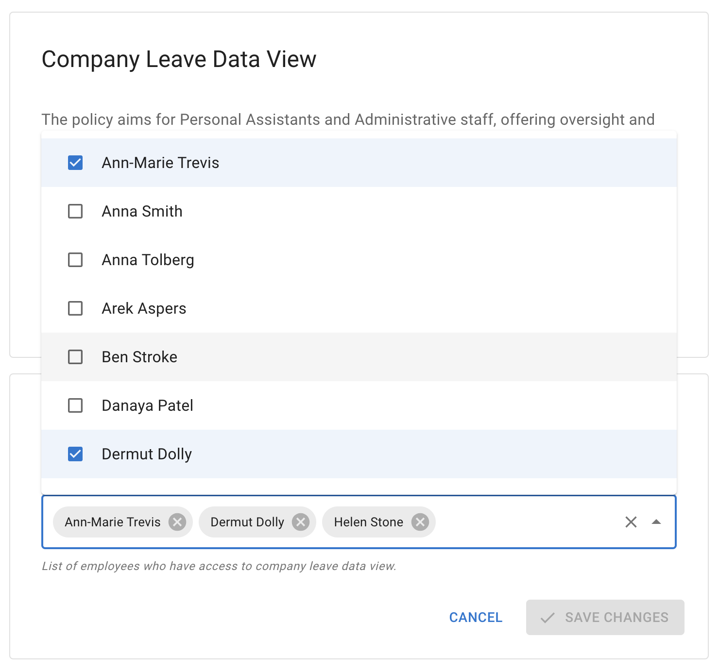 Assign company leave data view from policy