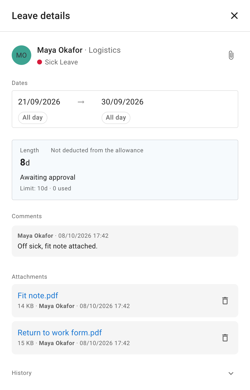 A sick leave's details with the paperclip at the right of the top row, the comment, and an Attachments section listing two files, each with its name, size, who attached it and when, and a bin