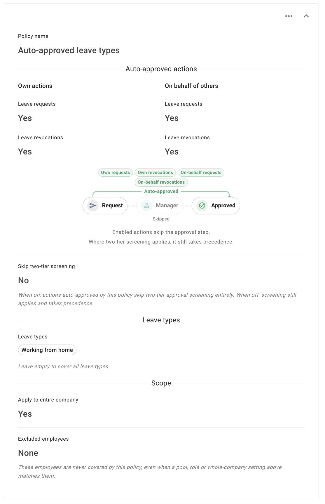A converted policy named Auto-approved leave types, shown expanded in the list with its actions, leave types and scope
