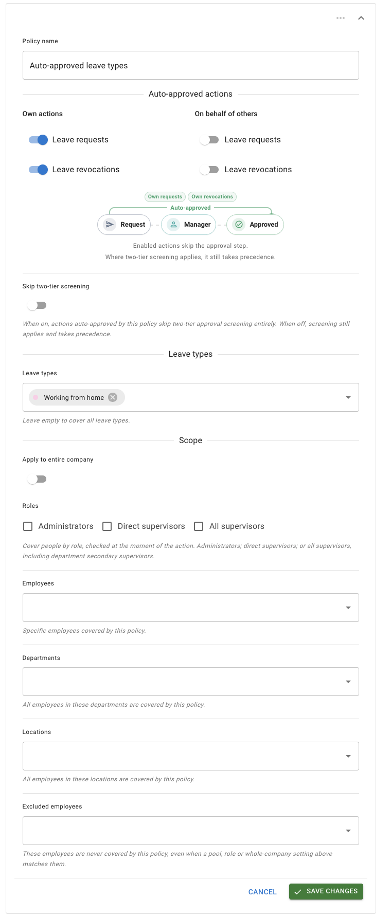 A policy card open for editing, showing the policy name, the auto-approved actions grid, the flow diagram, the skip two-tier screening switch, leave types, the scope pickers, excluded employees, and the Cancel and Save changes bar at the bottom