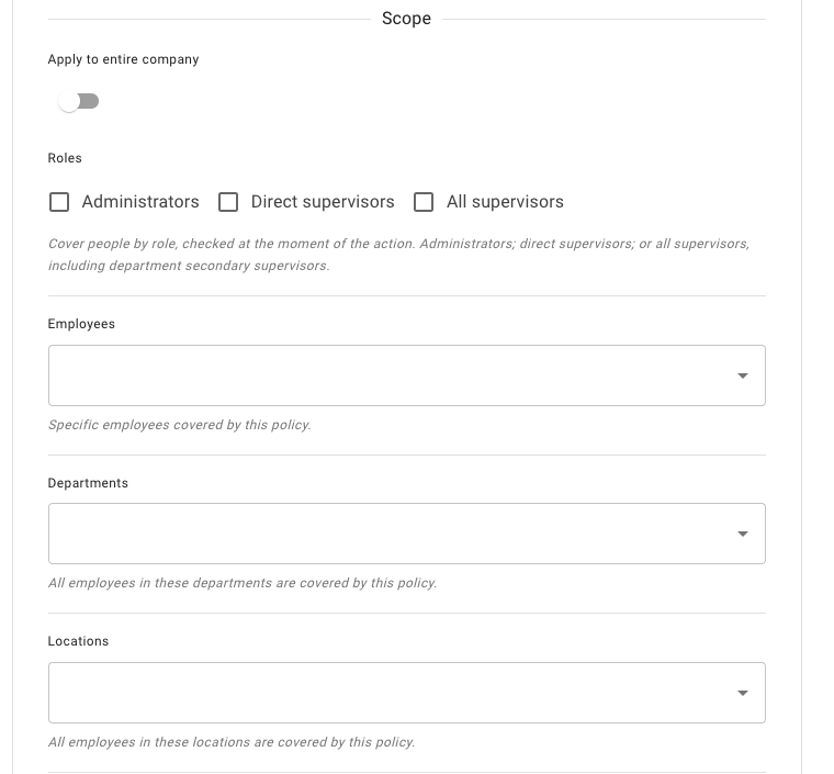 The Scope section with Apply to entire company switched off, revealing the Administrators, Direct supervisors and All supervisors role checkboxes and the Employees, Departments and Locations pickers