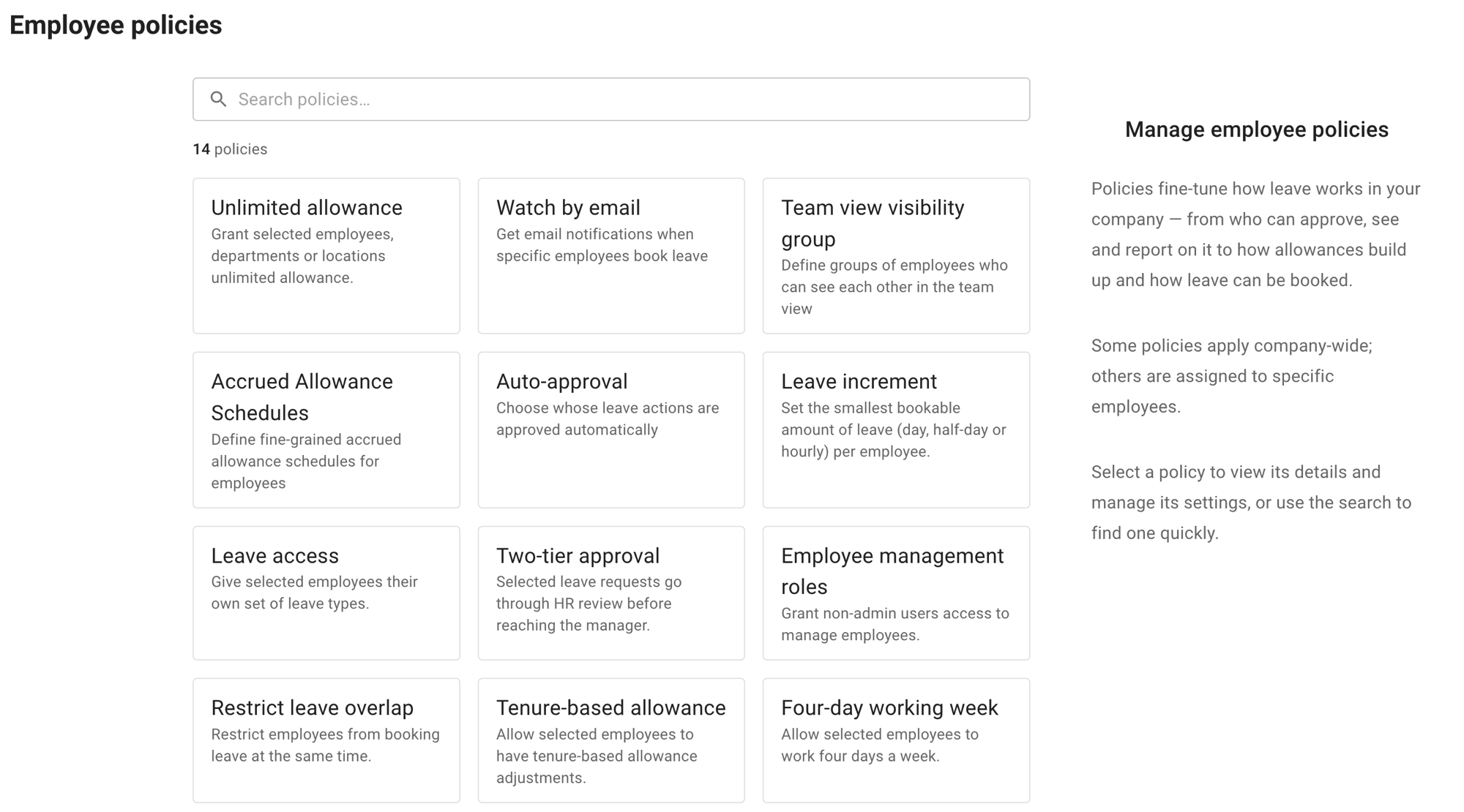 The Employee policies page, a grid of policy tiles with the Auto-approval tile among them