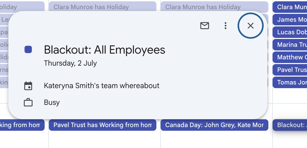 Blackouts and company events are displayed in calendar fed