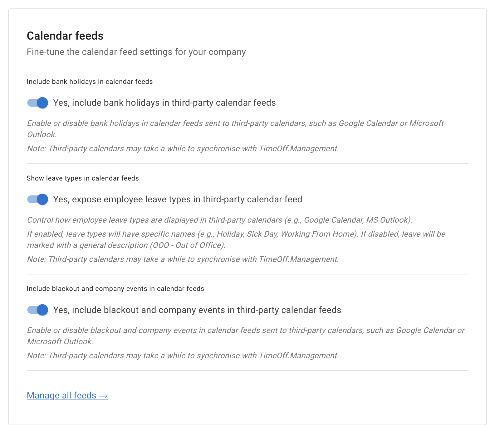Company calendar feed settings
