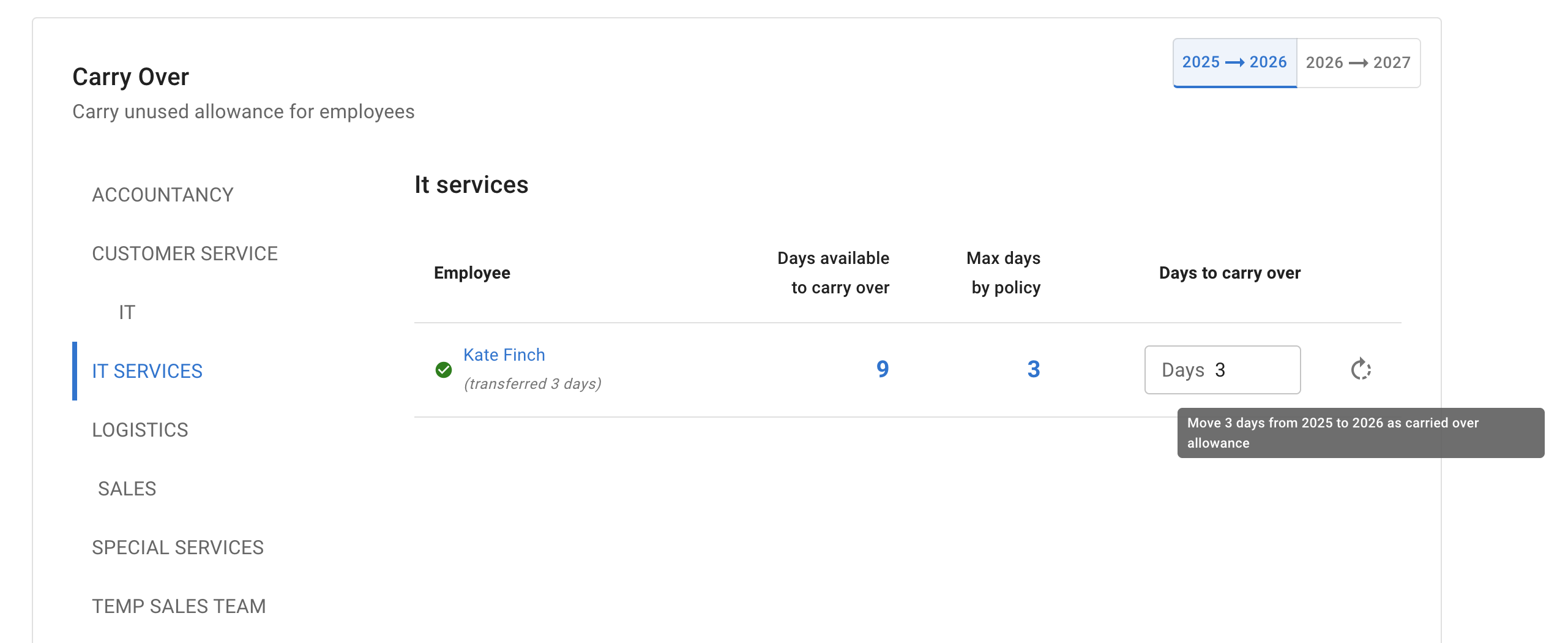 Carry over page with employees and days available