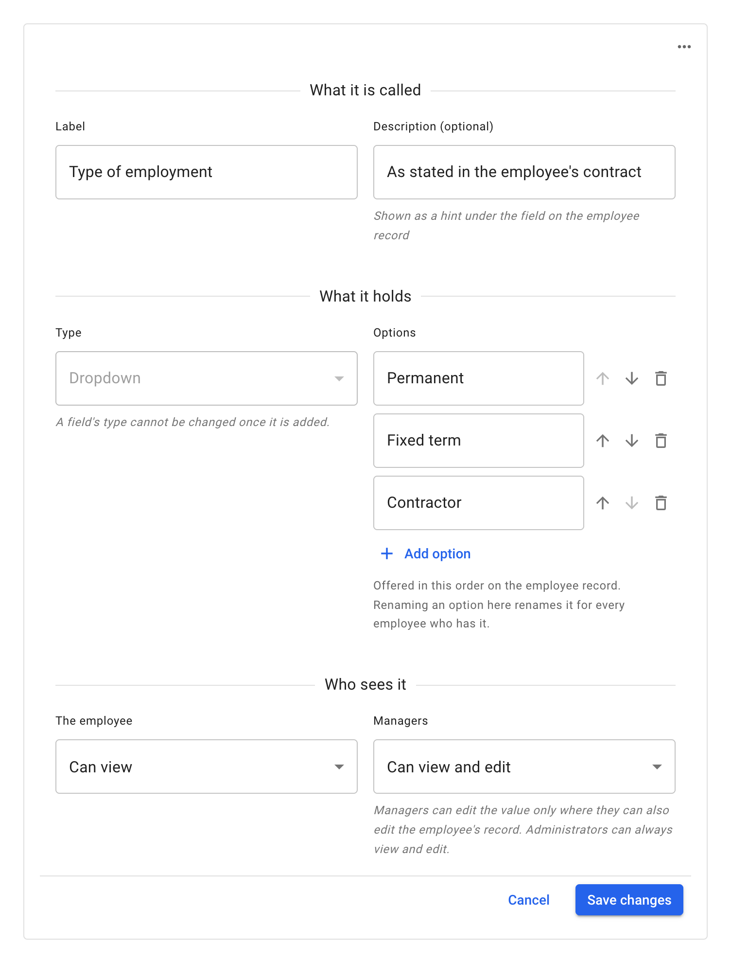 A Dropdown field in Edit custom field: its Type fixed at Dropdown, the options Permanent, Fixed term and Contractor, each with buttons to move it up or down or remove it, Add option and the help under the options, then The employee and Managers, above Cancel and Save changes