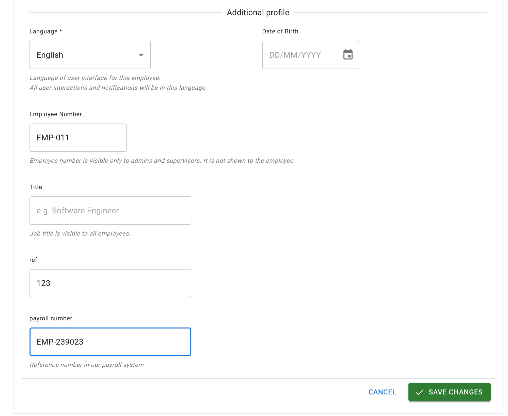 The Additional profile section of an employee record in edit mode, with the built-in Language, Date of Birth, Employee Number and Title details followed by two custom fields, one of them showing its description as hint text underneath