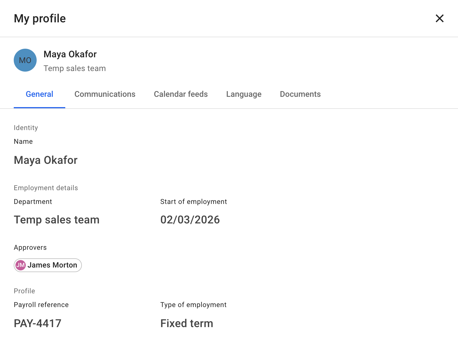 An employee's My profile on its General tab: Identity and Employment details, then a Profile section holding the Payroll reference and Type of employment fields with the employee's values