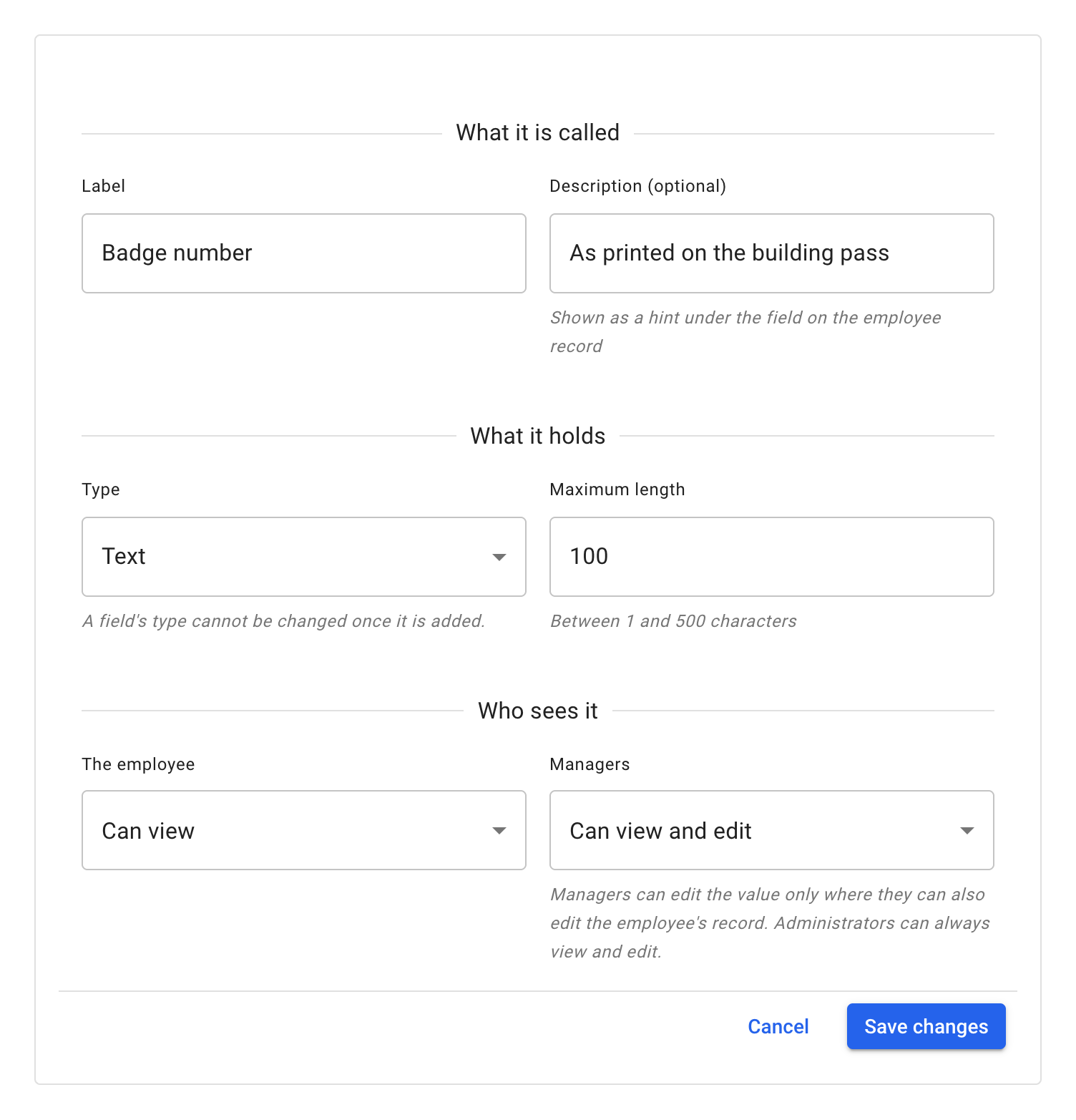 Add new for a Text field: a Label and a Description filled in, Type set to Text beside its Maximum length, The employee set to Can view, Managers set to Can view and edit with the help under it, above Cancel and Save changes