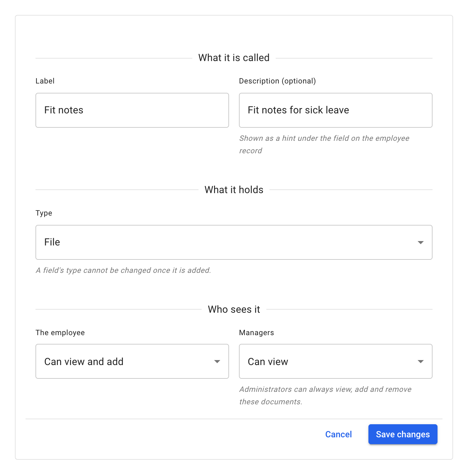 Add new for a File field: Type set to File, The employee set to Can view and add, Managers set to Can view, and the note under Managers that administrators can always view, add and remove these documents, above Cancel and Save changes