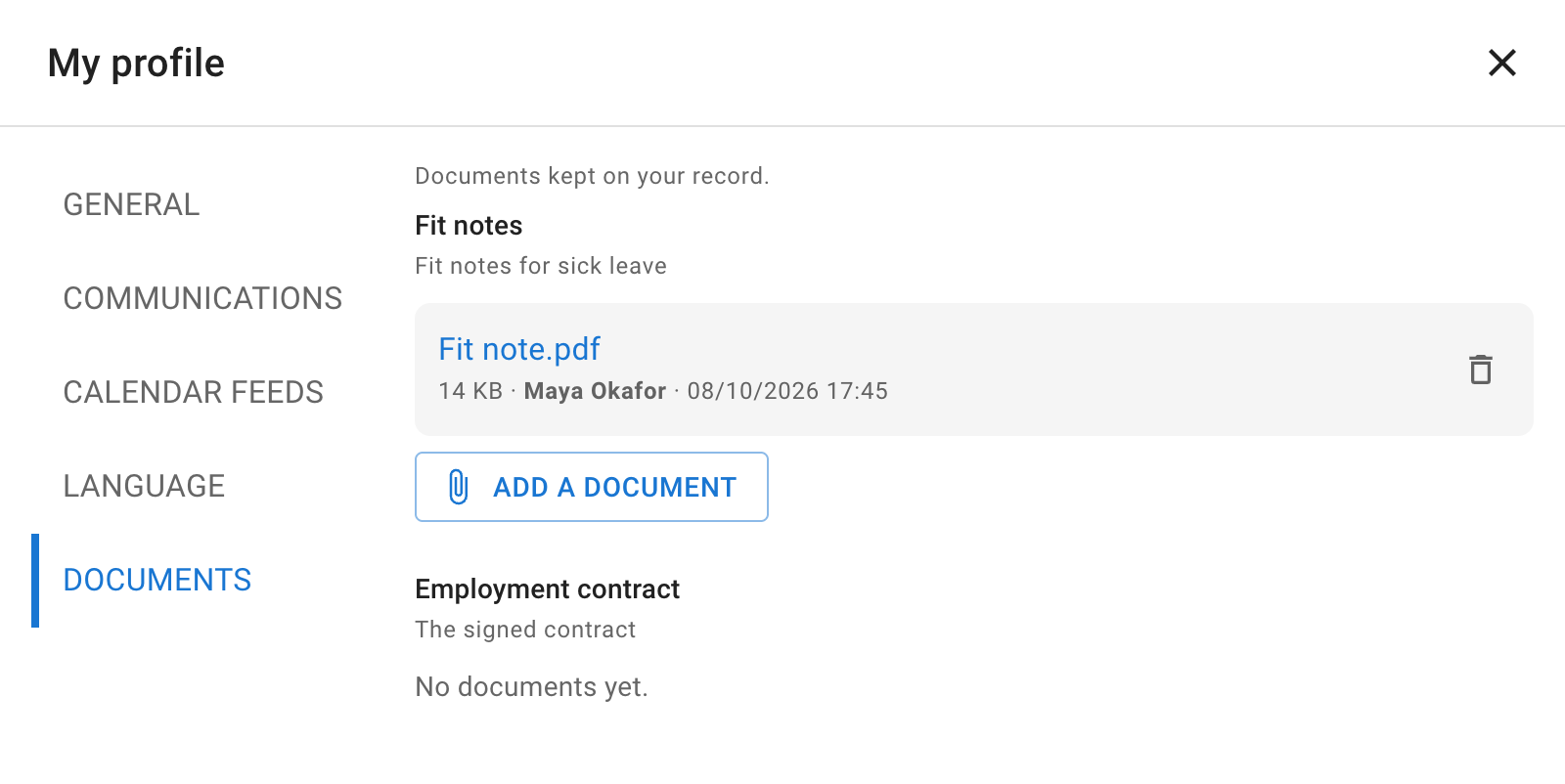 The Documents tab on an employee's My profile: a field holding their own document, with a bin and an Add a document button, and a field they can view but not add to, which has no documents yet