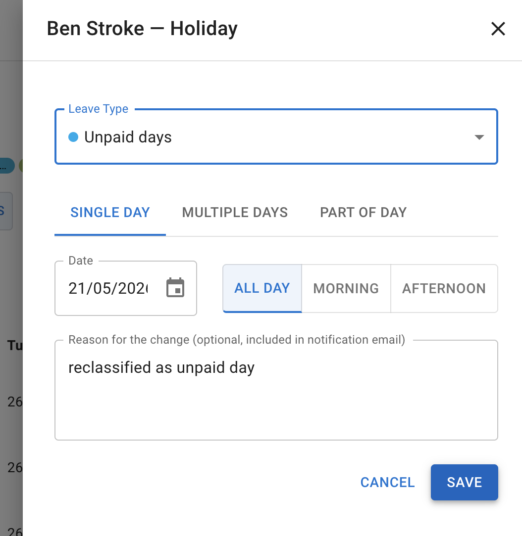 Edit leave from Team View window