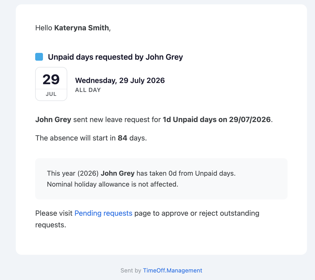 Email to approver about an employee's time-off request