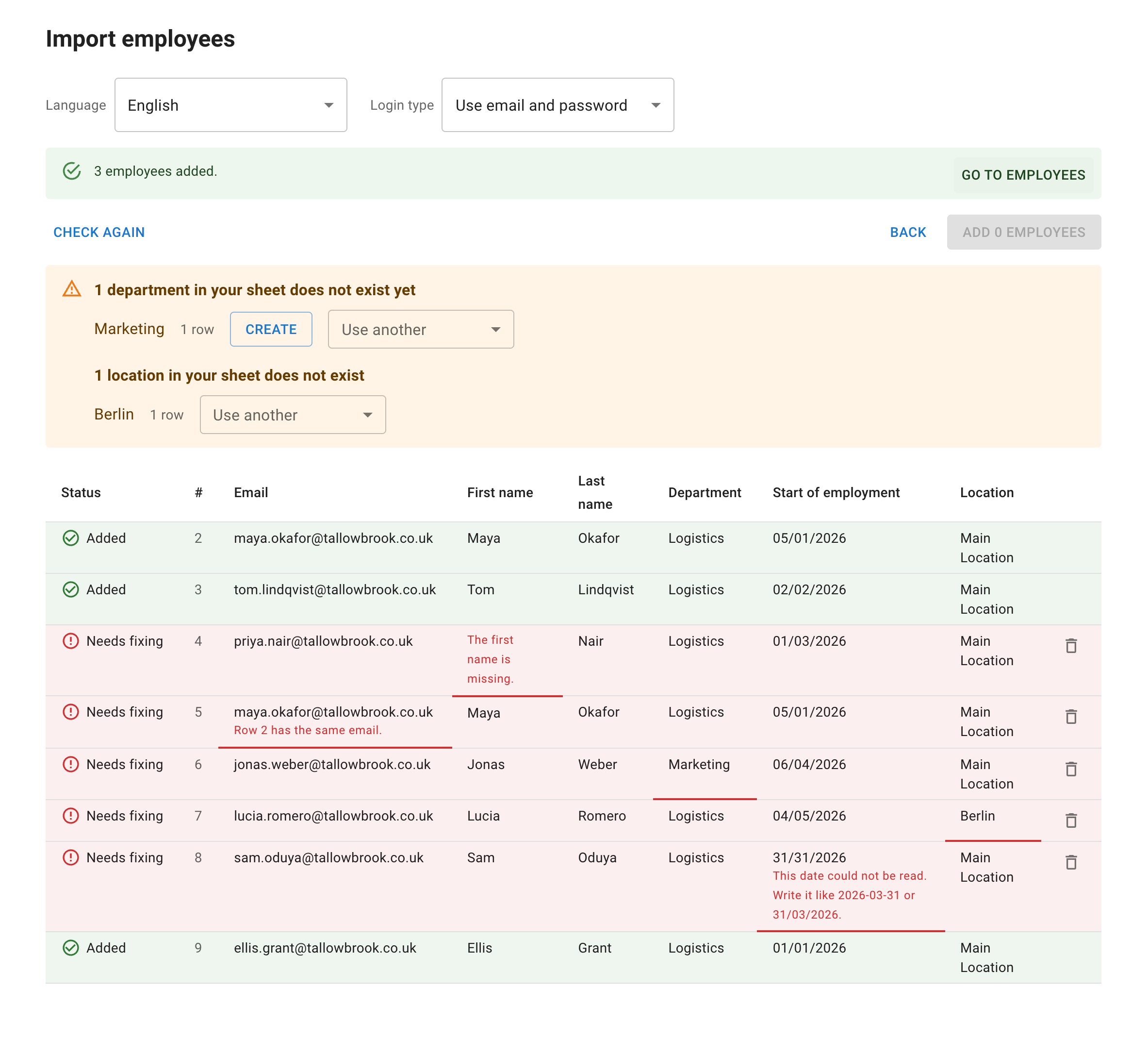 The import table after adding: rows marked Added, the summary with Go to Employees, and the rows that still need fixing