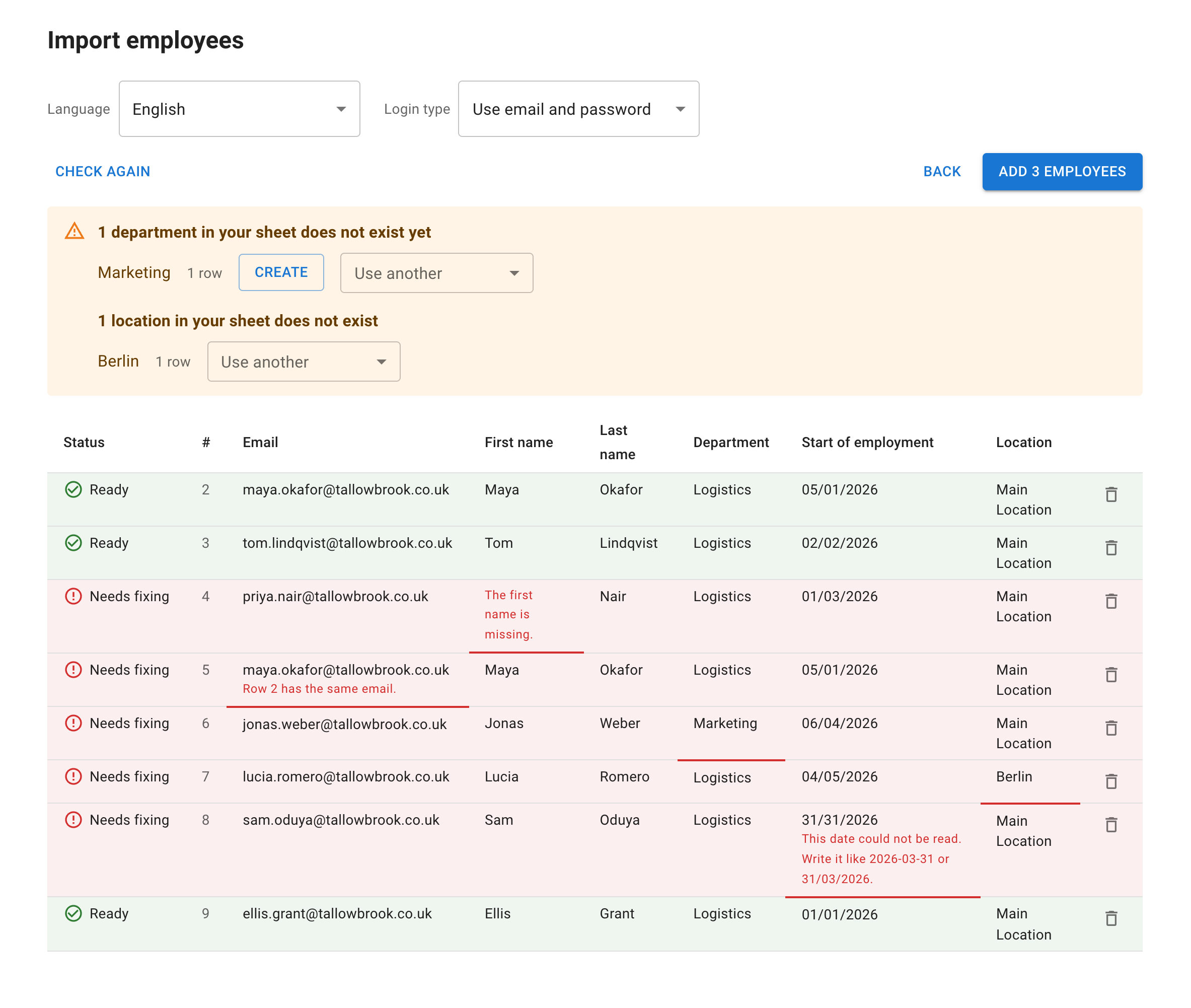 The table step straight after checking: Language and Login type, the button that adds the Ready rows, the notice about names the company does not have, and rows marked Ready or Needs fixing with each problem under its cell