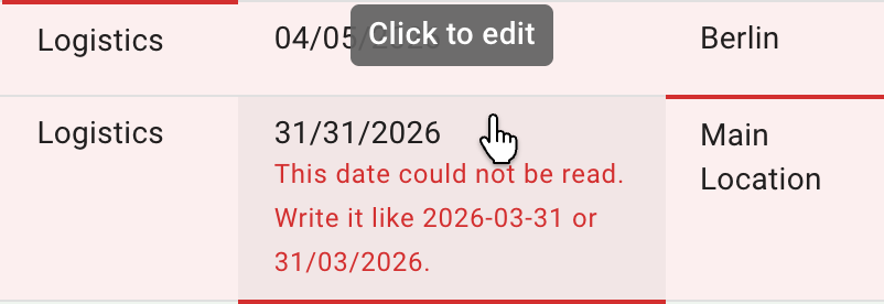 The pointer resting on a cell in the import table, with the Click to edit hint above it