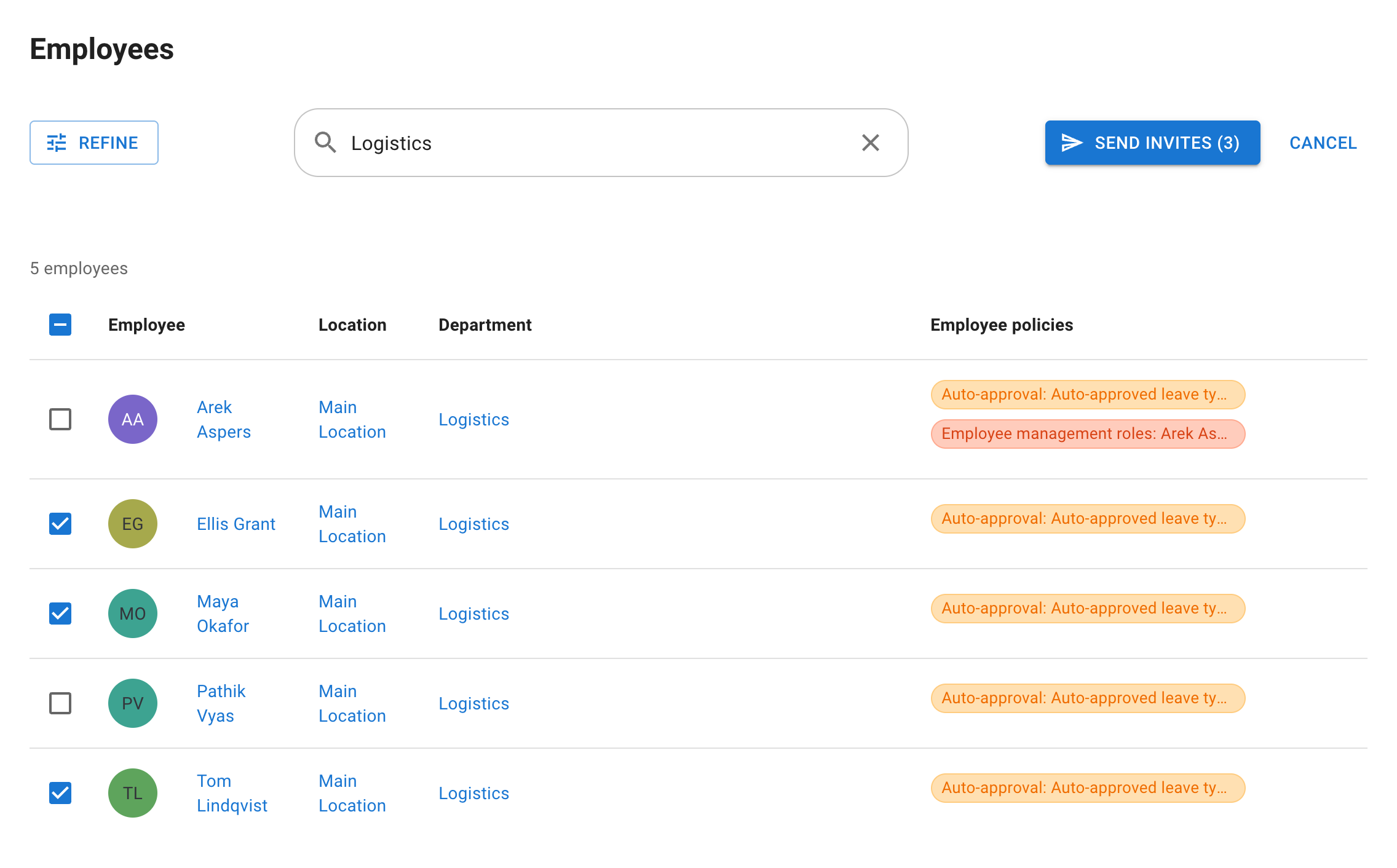 The Employees page after Invite employees, narrowed to one department, with the new employees ticked and Send invites above the list