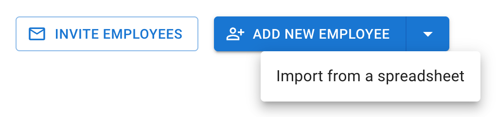 Invite employees and Add new employee on the Employees page, with the arrow beside Add new employee open, showing Import from a spreadsheet