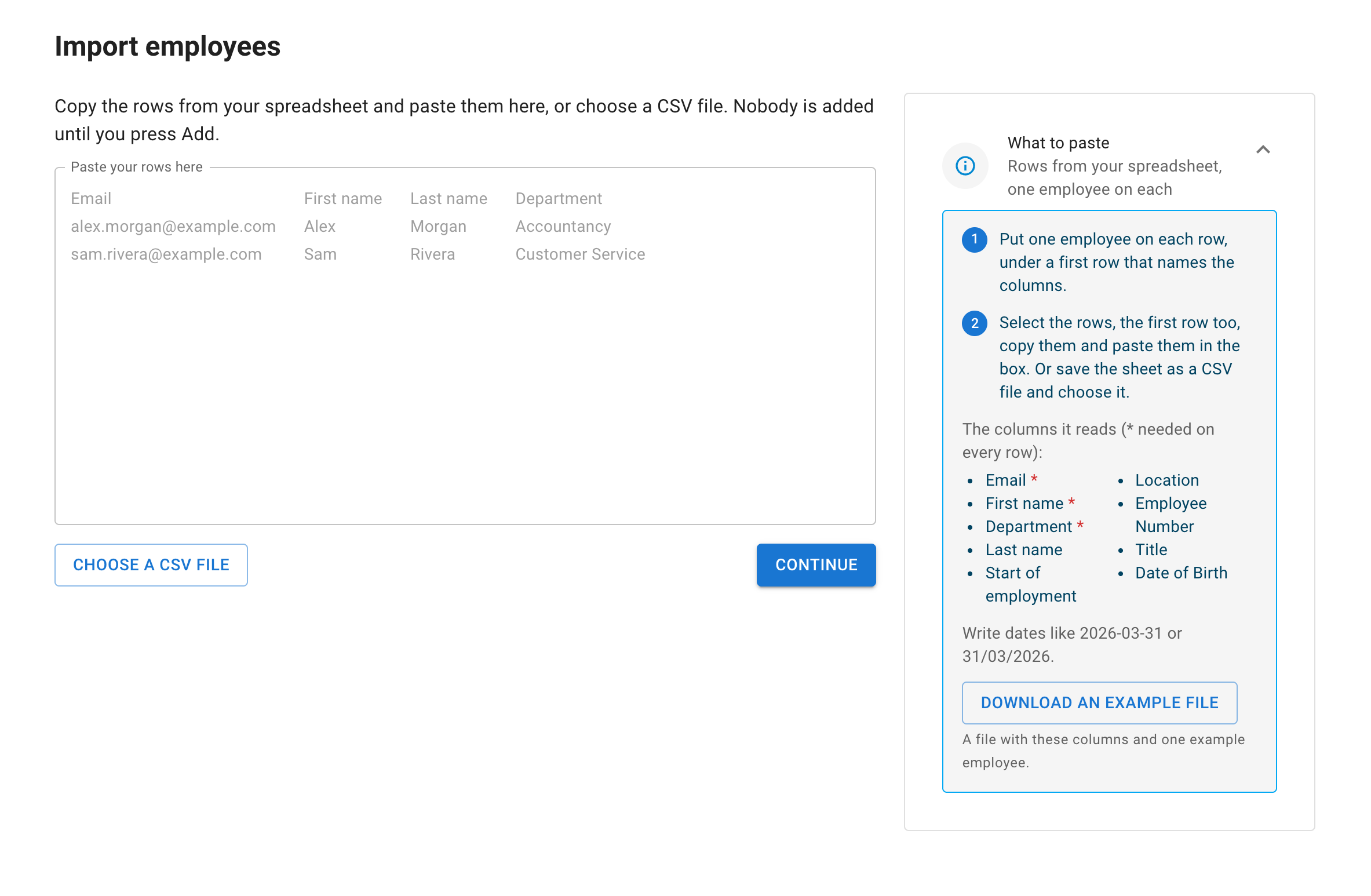 The first step of Import employees: the empty Paste your rows here box showing two example rows, with Choose a CSV file and Continue under it, and the What to paste card beside it
