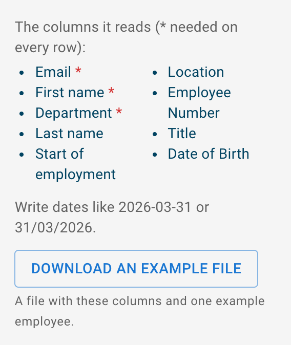 The What to paste card: the columns the import reads with the needed ones marked, the line on how to write dates, and the Download an example file button
