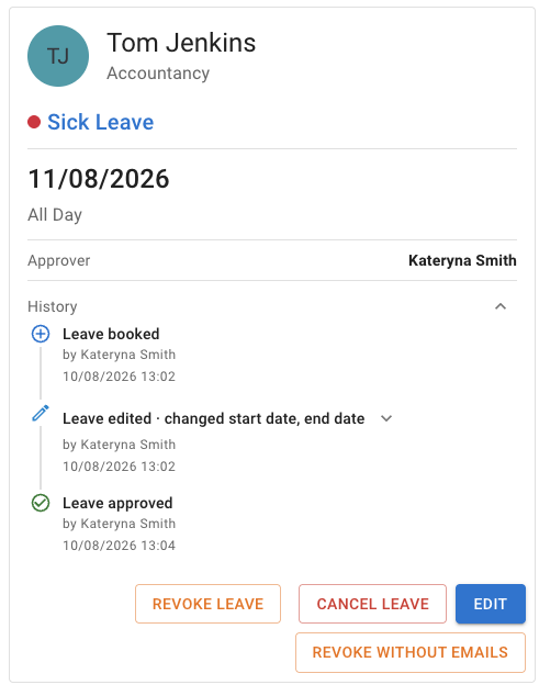 A leave's details panel with the History section expanded, showing booked, edited, and approved events