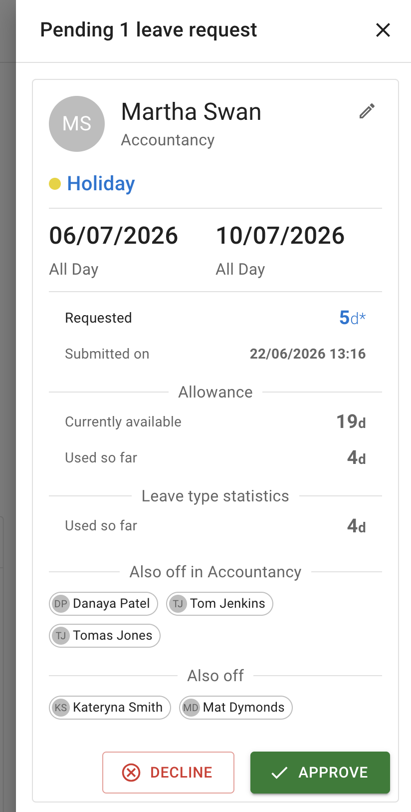 Employee leave request waiting for manager approval