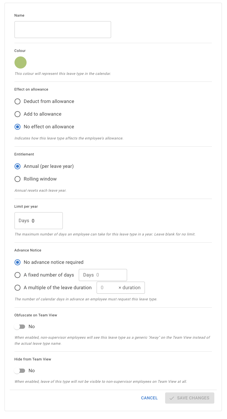 The leave type form showing the options available when customising a leave type