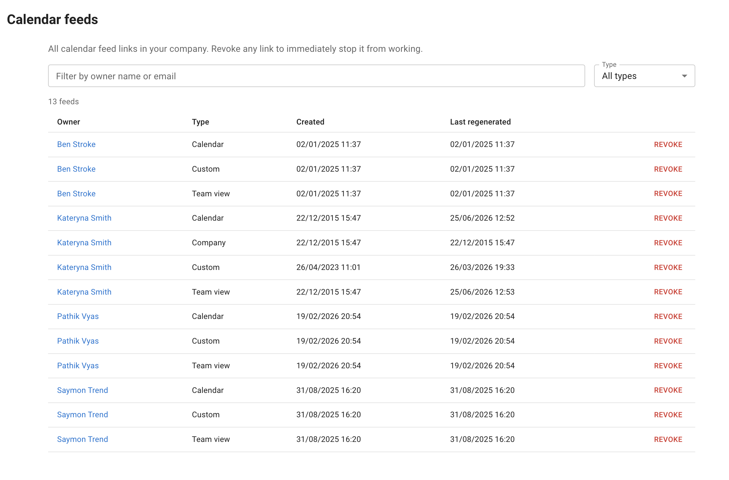 Manage calendar feed screen