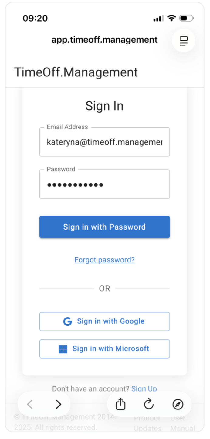 Timeoff.Management mobile login