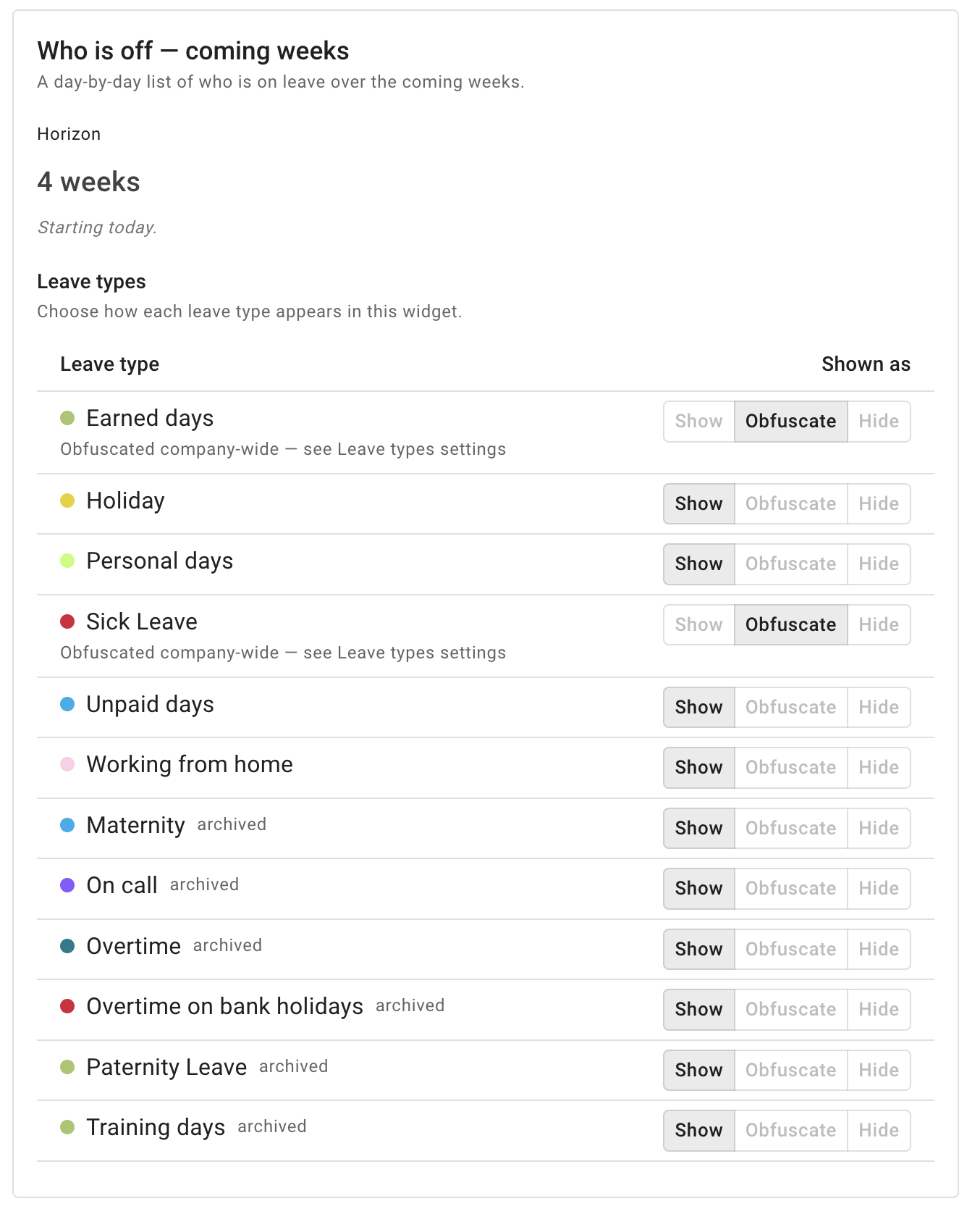 A widget card showing its horizon and its Leave types table, each row offering Show, Obfuscate and Hide, with two rows fixed on Obfuscate under a caption reading Obfuscated company-wide — see Leave types settings