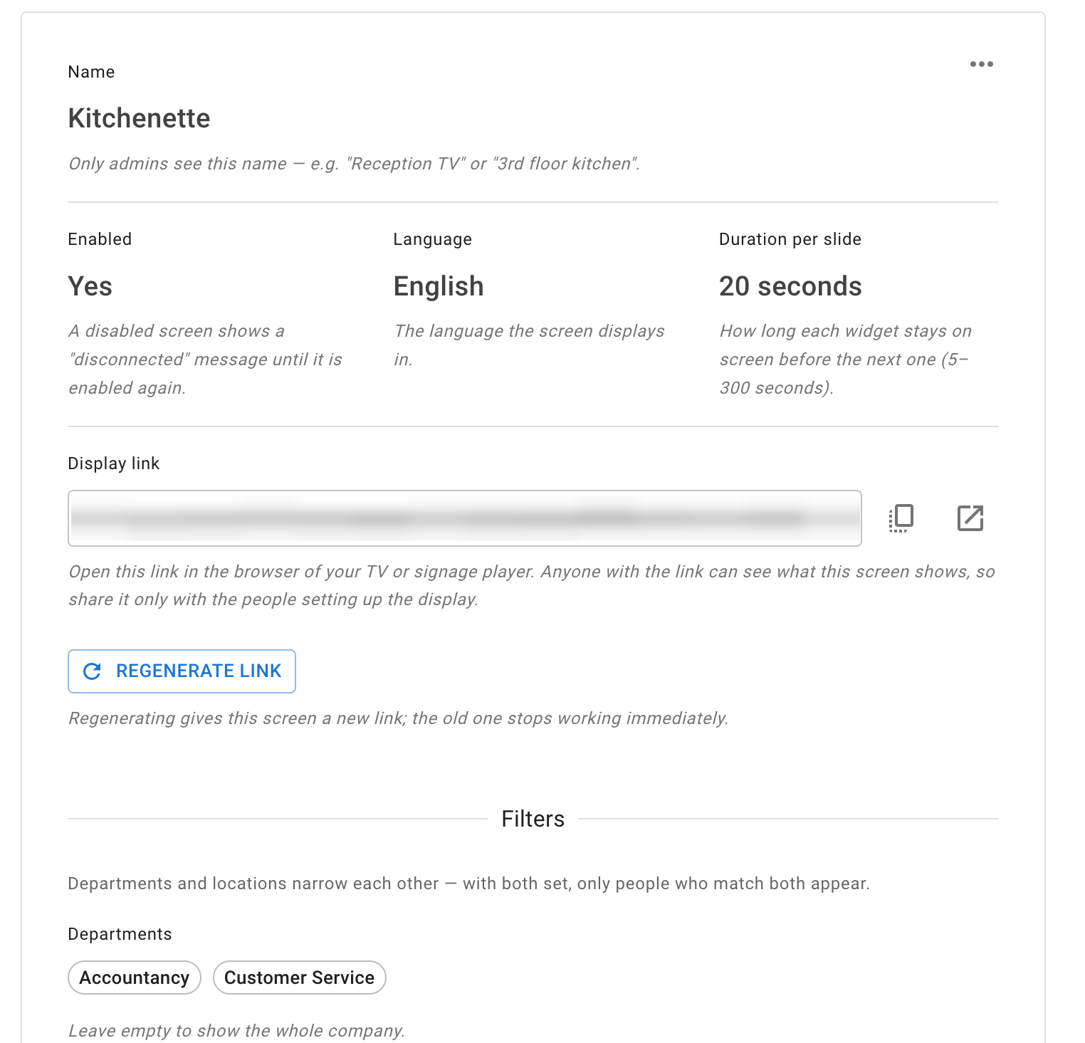A screen's settings showing its name, that it is enabled, its language, the duration per slide, the display-link row with its copy and preview buttons and a Regenerate link button, and the department filter