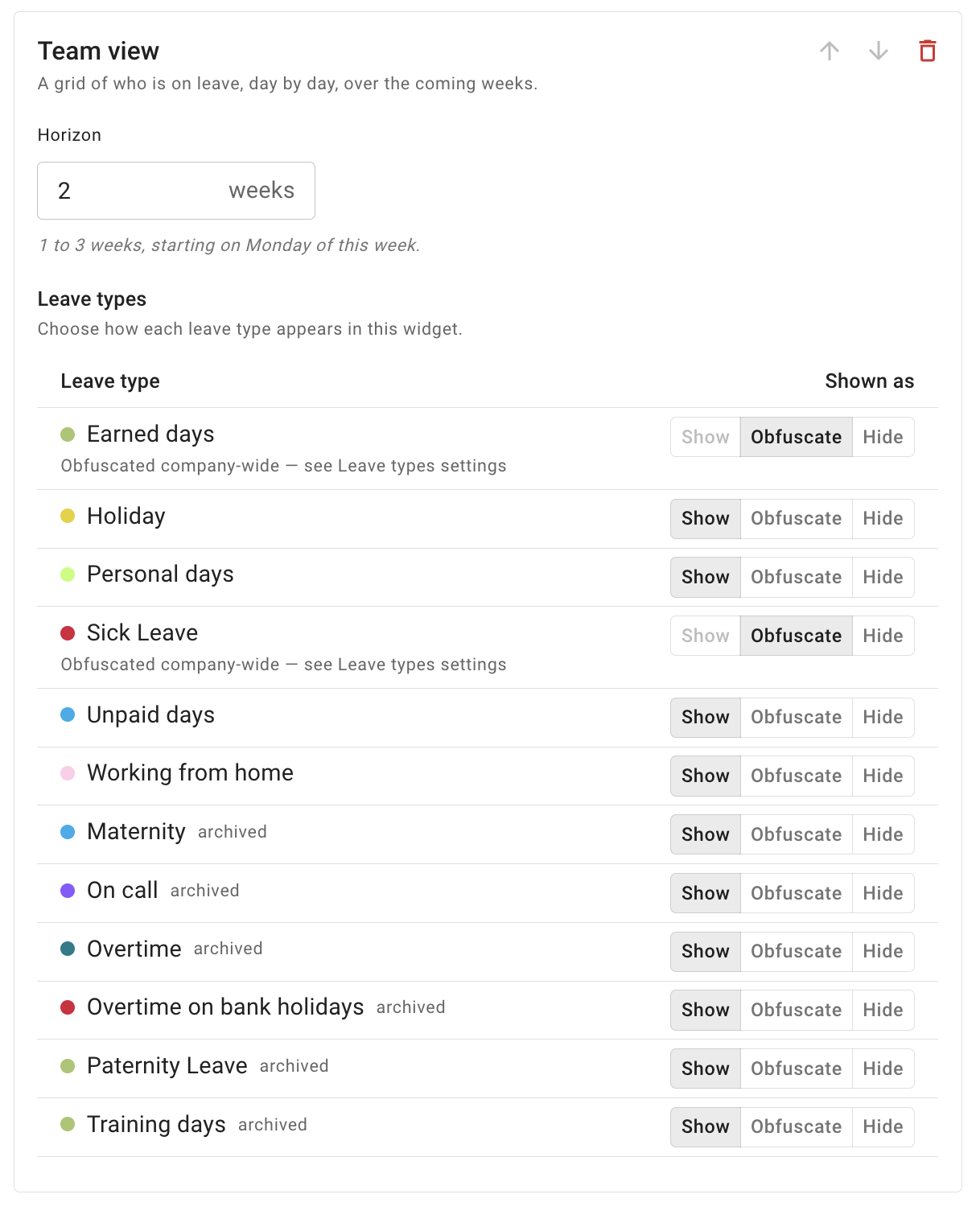 The Team view widget card showing its Horizon field and its Leave types table, each row offering Show, Obfuscate and Hide under a Shown as column, with two rows fixed on Obfuscate under a caption reading Obfuscated company-wide — see Leave types settings, and archived leave types tagged archived
