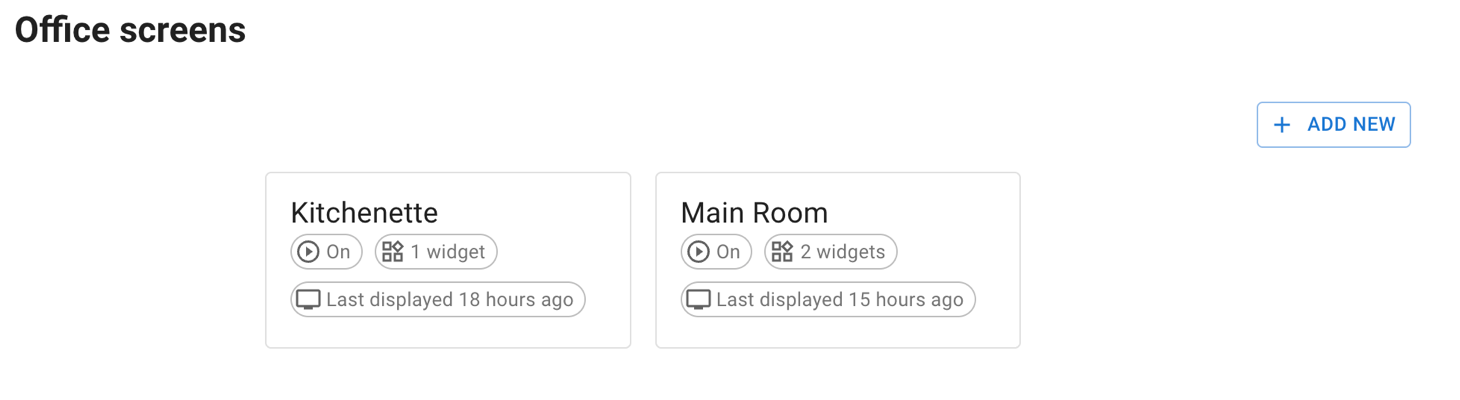 The Office screens catalogue with an Add new button and a tile per screen, each showing the screen's name, that it is On, how many widgets it has and when it was last displayed