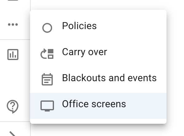The More menu open, with Office screens listed below Policies, Carry over, and Blackouts and events