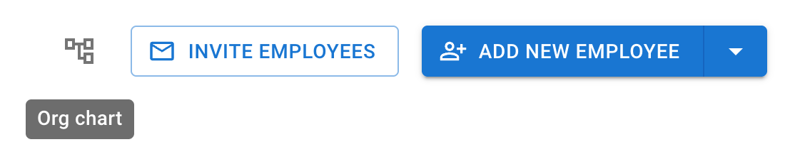 The org chart icon on the Employees page with its Org chart tooltip showing, beside the Invite employees and Add new employee buttons