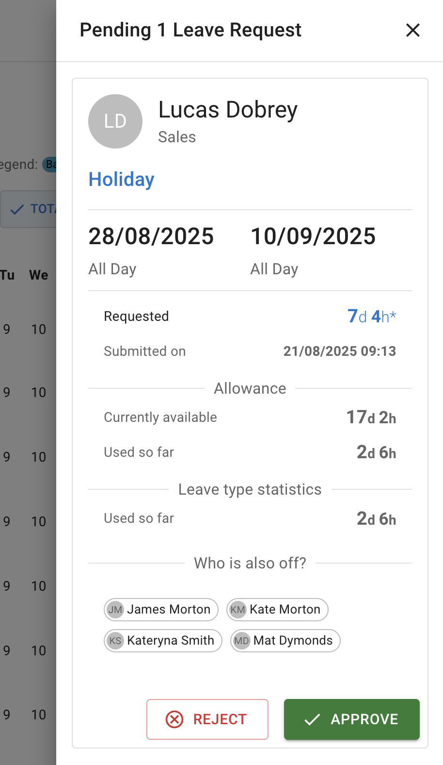 Screenshot of calendar with book absence