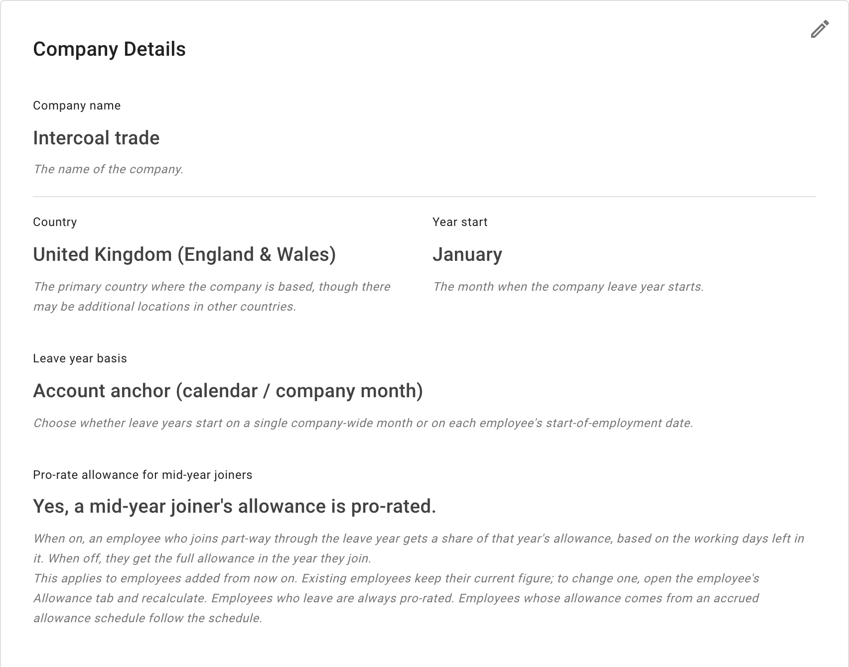 The Company Details card in General settings, with Pro-rate allowance for mid-year joiners under Leave year basis, set to Yes, and its explanation below it
