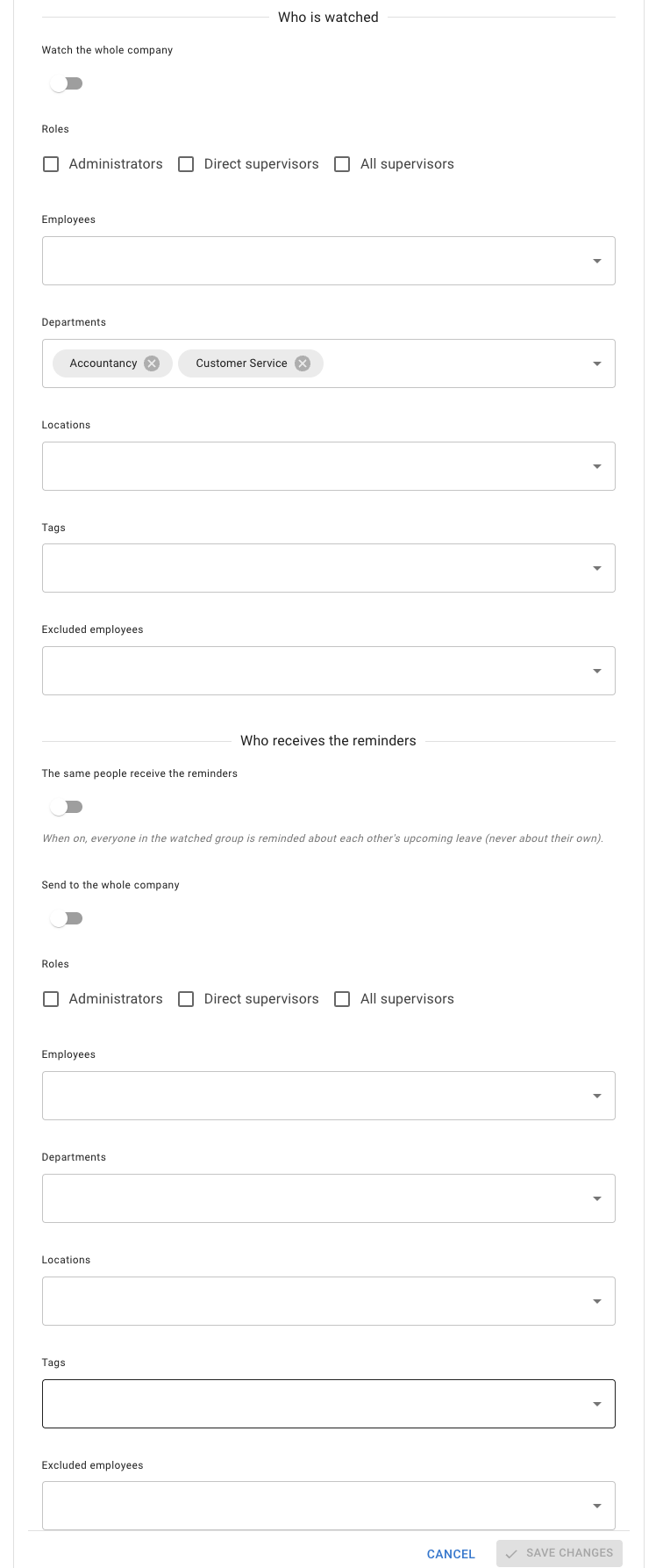 The same policy with the same-people switch off, revealing a Who receives the reminders section with its own Send to the whole company switch, role checkboxes and pickers for employees, departments, locations, tags and excluded employees, and a greyed-out Save changes button